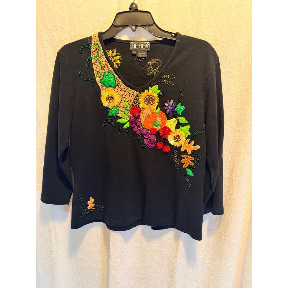 Berek Takako Sakon Vintage Beaded Harvest Pumpkin Sunflower Black Top Large
